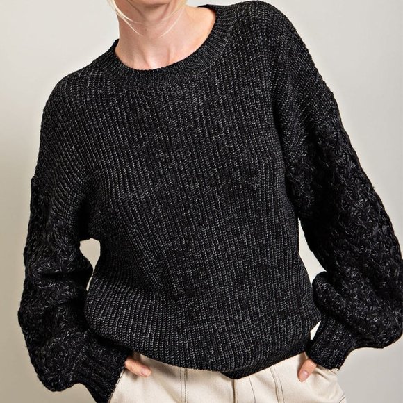 Last 1! NWT Black Woven Sleeve Sweater - Picture 2 of 5